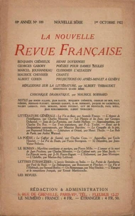 La Nouvelle Revue Française (1908-1940) N° 109 octobre 1922