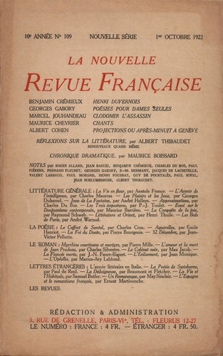 La Nouvelle Revue Française (1908-1943) N° 109 octobre 1922