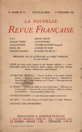  Gallimard - La Nouvelle Revue Française (1908-1943) N° 111 décembre 1922 : .
