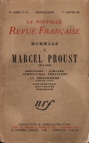 La Nouvelle Revue Française (1908-1943) N° 112 janvier 1923 Hommage à Marcel Proust. 1871-1922