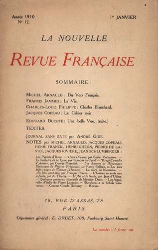 La Nouvelle Revue Française (1908-1943) N° 12, janvier 1910
