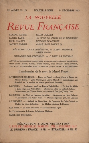 La Nouvelle Revue Française (1908-1943) N° 123 décembre 1923