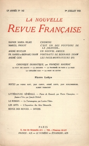La Nouvelle Revue Française (1908-1943) N° 142 juillet 1925