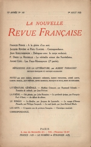 La Nouvelle Revue Française (1908-1943) N° 143 août 1925