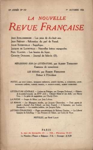La Nouvelle Revue Française (1908-1943) N° 157 octobre 1926