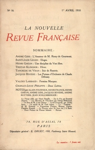 La Nouvelle Revue Française (1908-1943) N° 16 avril 1910