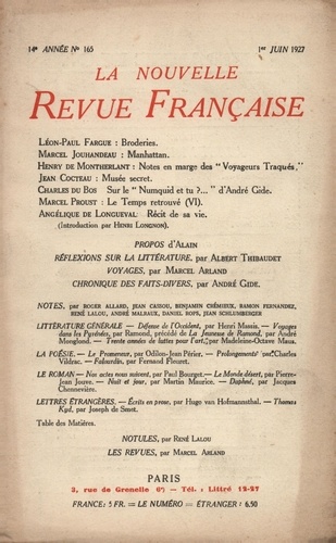 La Nouvelle Revue Française (1908-1943) N° 165 juin 1927
