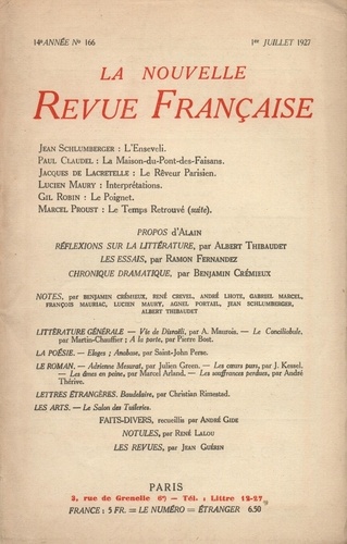 La Nouvelle Revue Française (1908-1943) N° 166 juillet 1927