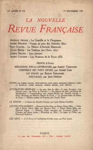 La Nouvelle Revue Française (1908-1943) N° 170 novembre 1927