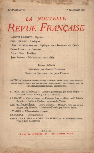 La Nouvelle Revue Française (1908-1943) N° 183 décembre 1928
