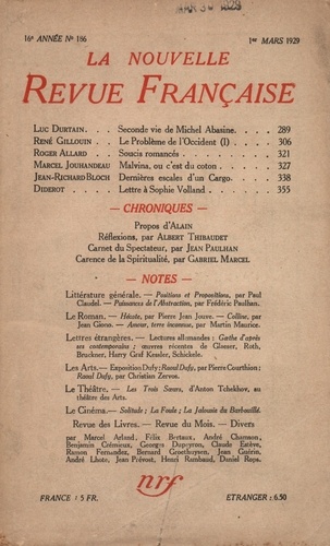 La Nouvelle Revue Française (1908-1943) N° 186 mars 1929