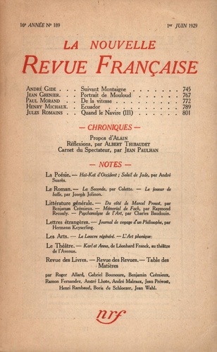 La Nouvelle Revue Française (1908-1943) N° 189 juin 1929