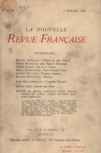 La Nouvelle Revue Française (1908-1943) N° 19 juillet 1910