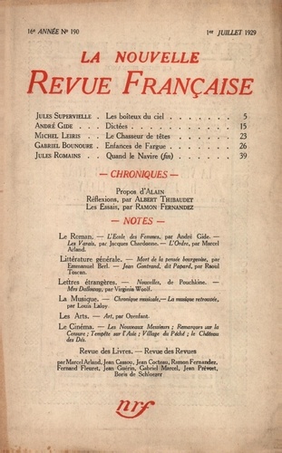 La Nouvelle Revue Française (1908-1943) N° 190 juillet 1929