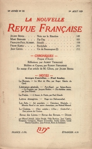 La Nouvelle Revue Française (1908-1943) N° 191 août 1929