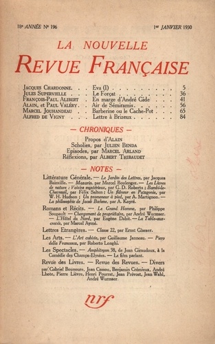 La Nouvelle Revue Française (1908-1943) N° 196 janvier 1930