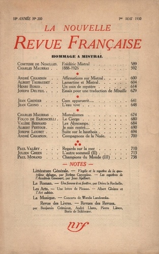 La Nouvelle Revue Française (1908-1943) N° 200 mai 1930 Hommage à Mistral