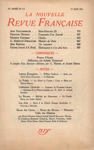 La Nouvelle Revue Française (1908-1943) N° 213 juin 1931