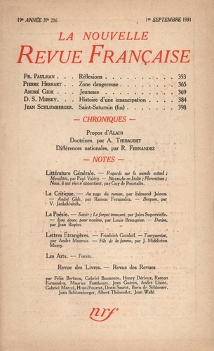 La Nouvelle Revue Française (1908-1943) N° 216 sept 1931