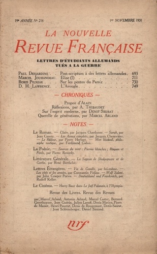 La Nouvelle Revue Française (1908-1943) N° 218 novembre 1931