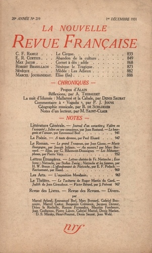 La Nouvelle Revue Française (1908-1943) N° 219 décembre 1931