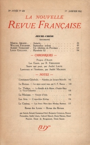 La Nouvelle Revue Française (1908-1943) N° 220 janvier 1932