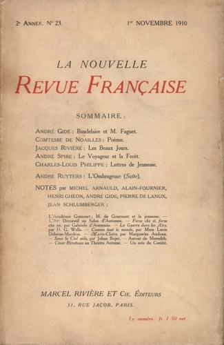 La Nouvelle Revue Française (1908-1943) N° 23 novembre 1910