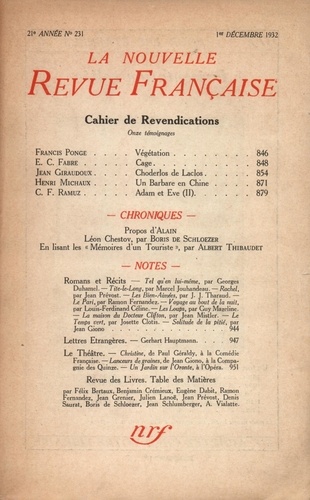 La Nouvelle Revue Française (1908-1943) N° 231 décembre 1932
