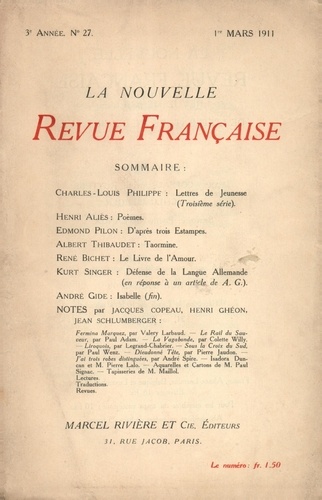 La Nouvelle Revue Française (1908-1943) N° 27 mars 1911