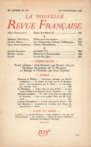 La Nouvelle Revue Française (1908-1943) N° 302 novembre 1938