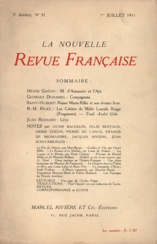 La Nouvelle Revue Française (1908-1943) N° 31 juillet 1911