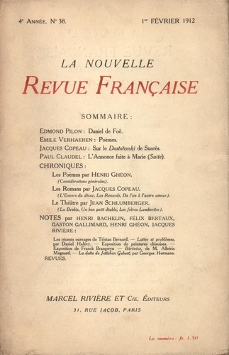 La Nouvelle Revue Française (1908-1943) N° 38 février 1912