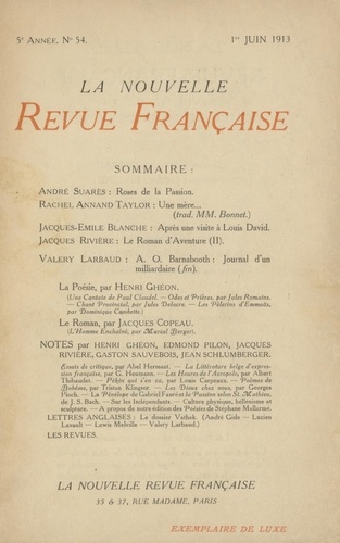 La Nouvelle Revue Française (1908-1943) N° 54 juin 1913