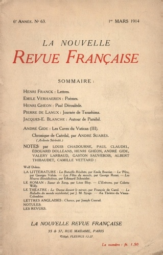 La Nouvelle Revue Française (1908-1943) N° 63 mars 1914