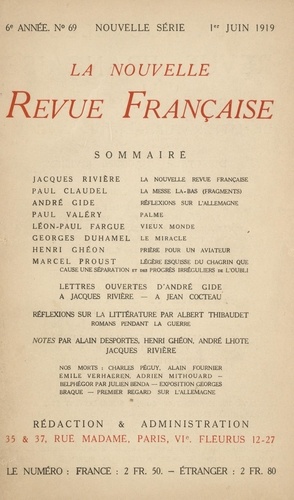 La Nouvelle Revue Française (1908-1943) N° 69 juin 1919