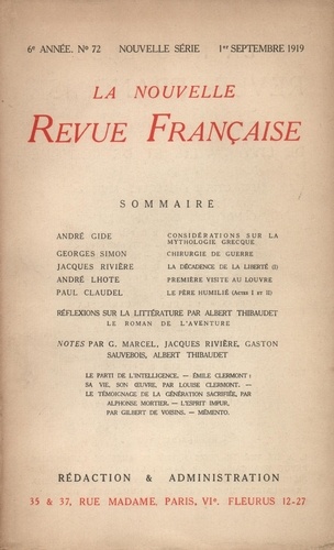 La Nouvelle Revue Française (1908-1943) N° 72 septembre 1919