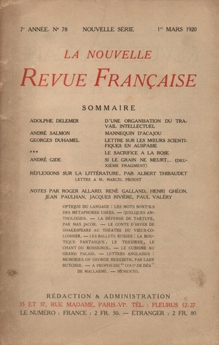 La Nouvelle Revue Française (1908-1943) N° 78 mars 1920