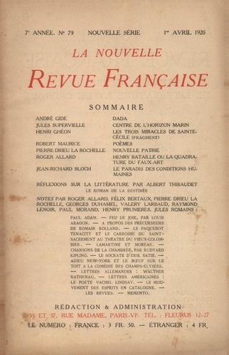 La Nouvelle Revue Française (1908-1943) N° 79 avril 1920