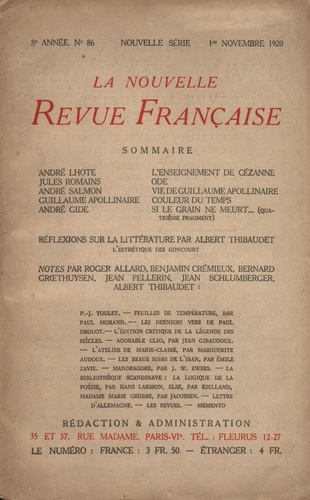 La Nouvelle Revue Française (1908-1943) N° 86 novembre 1920