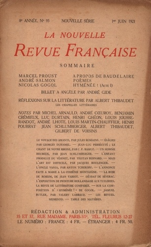 La Nouvelle Revue Française (1908-1943) N° 93 juin 1921
