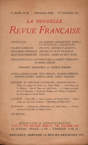 La Nouvelle Revue Française (1908-1943) N° 98 novembre 1921