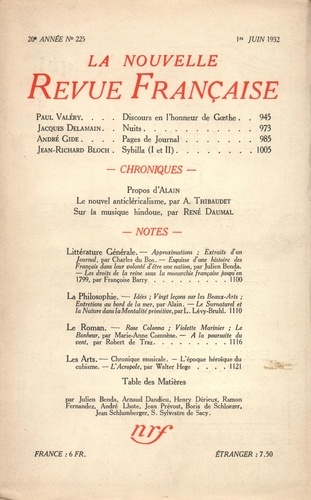 La Nouvelle Revue Française (1908-1943) N° 225 juin 1932