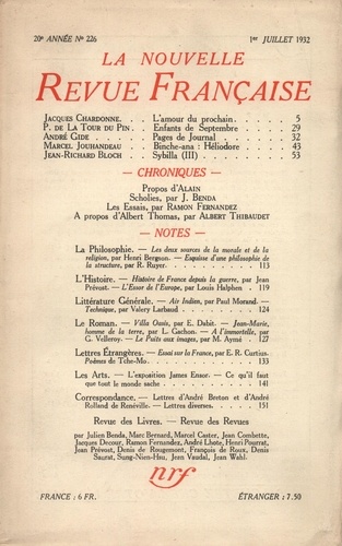 La Nouvelle Revue Française (1908-1943) N° 226 juillet 1932