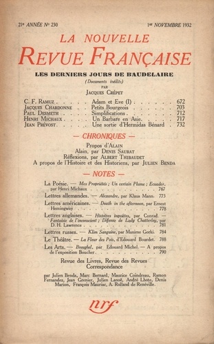 La Nouvelle Revue Française (1908-1943) N° 230 novembre 1932