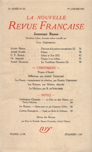 La Nouvelle Revue Française (1908-1943) N° 232 janvier 1933
