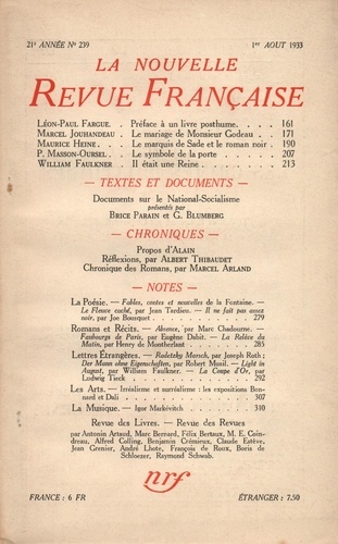 La Nouvelle Revue Française (1908-1943) N° 239 août 1933