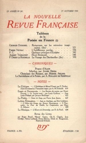 La Nouvelle Revue Française (1908-1943) N° 241 octobre 1933