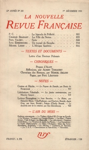 La Nouvelle Revue Française (1908-1943) N° 243 décembre 1933