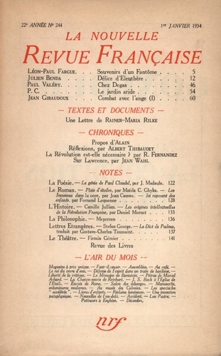 La Nouvelle Revue Française (1908-1943) N° 244 janvier 1934