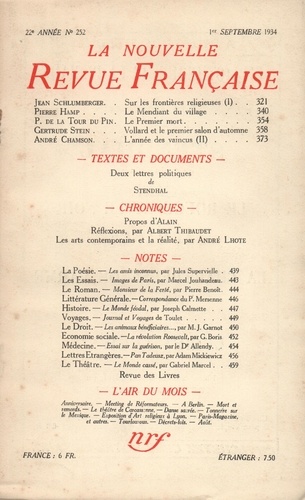 La Nouvelle Revue Française (1908-1943) N° 252 sept 1934